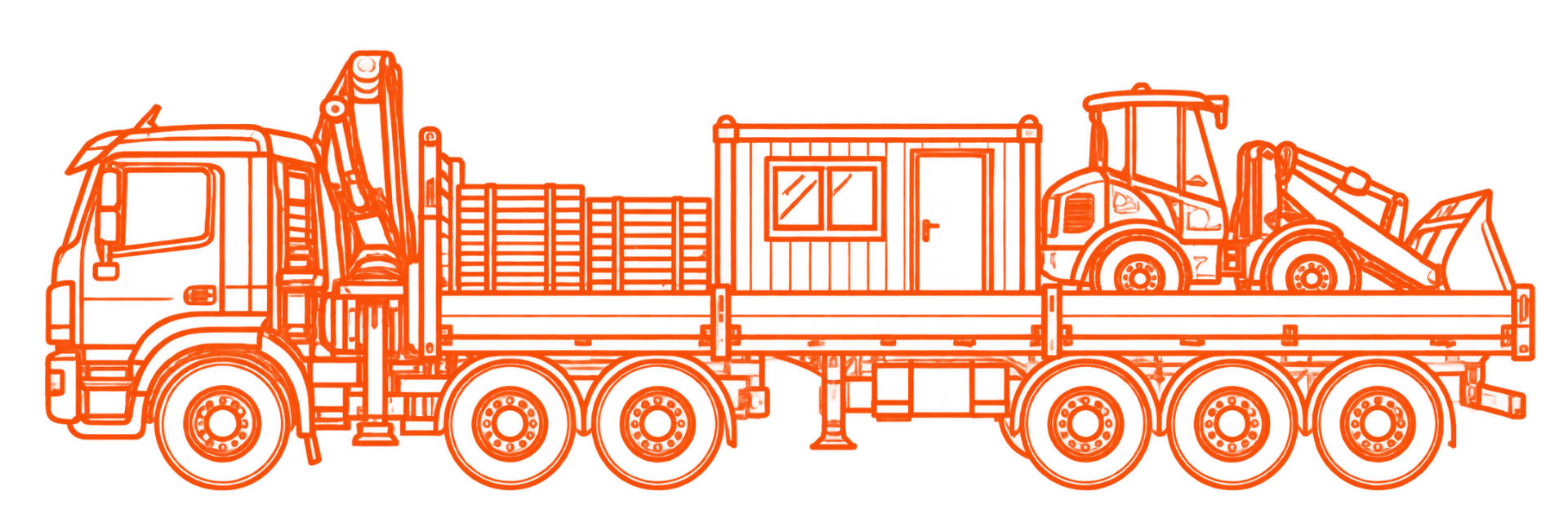 Oranžový valník s hydraulickou rukou, materiálem a stavebním strojem