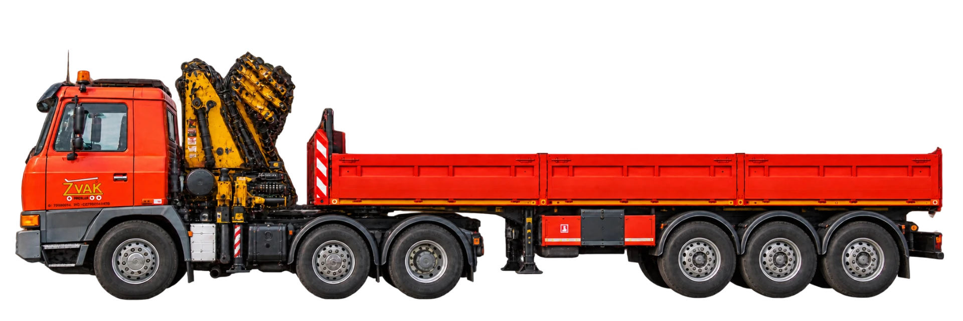 TATRA 815 tahač s prázdným červeným návěsem a hydraulickou rukou